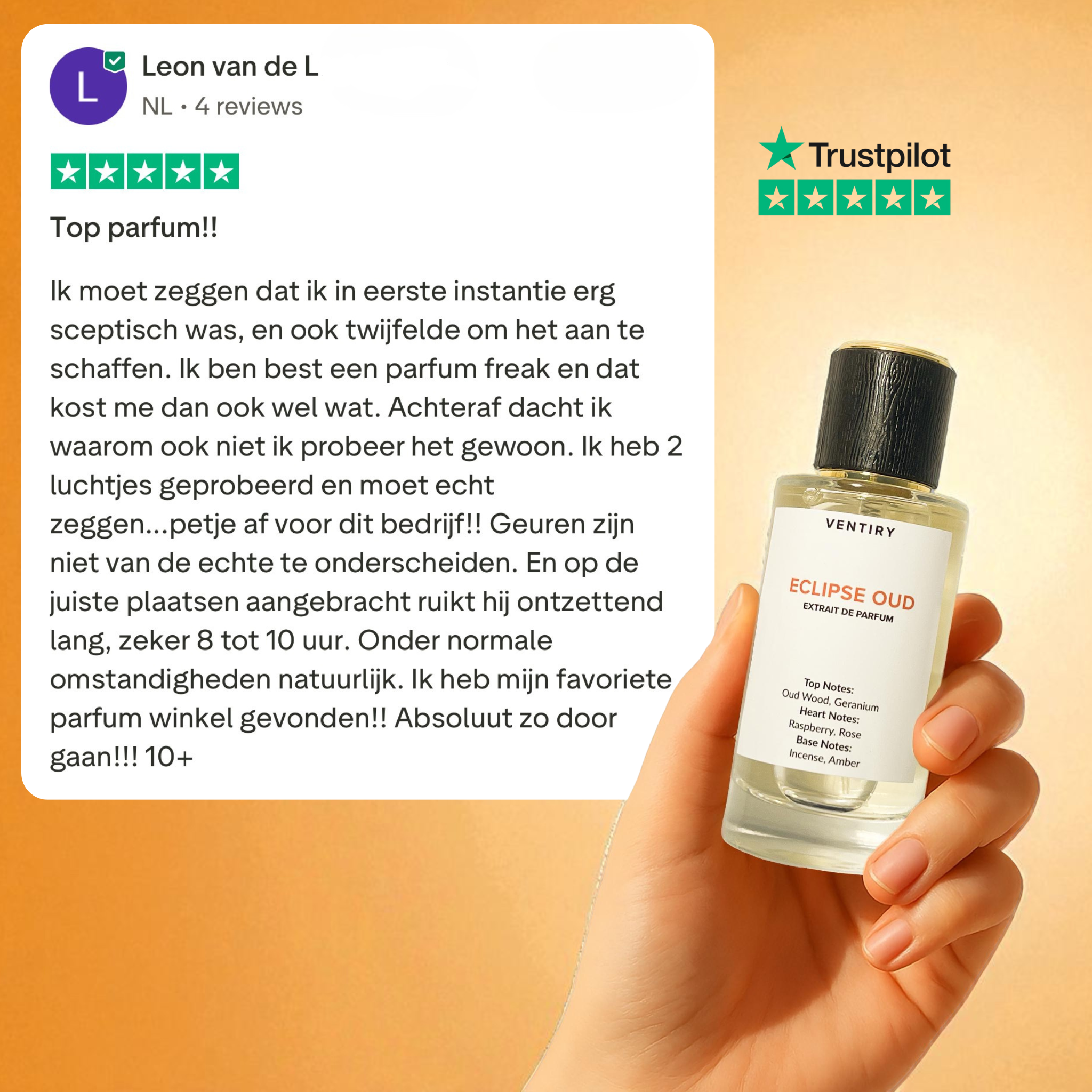 a hand holding a bottle of VENTITY ECLIPSE OUD perfume, with a review rating of 4 stars and a Trustpilot rating of 4 stars. The text in the image is in Dutch and provides a description of the product and its features.